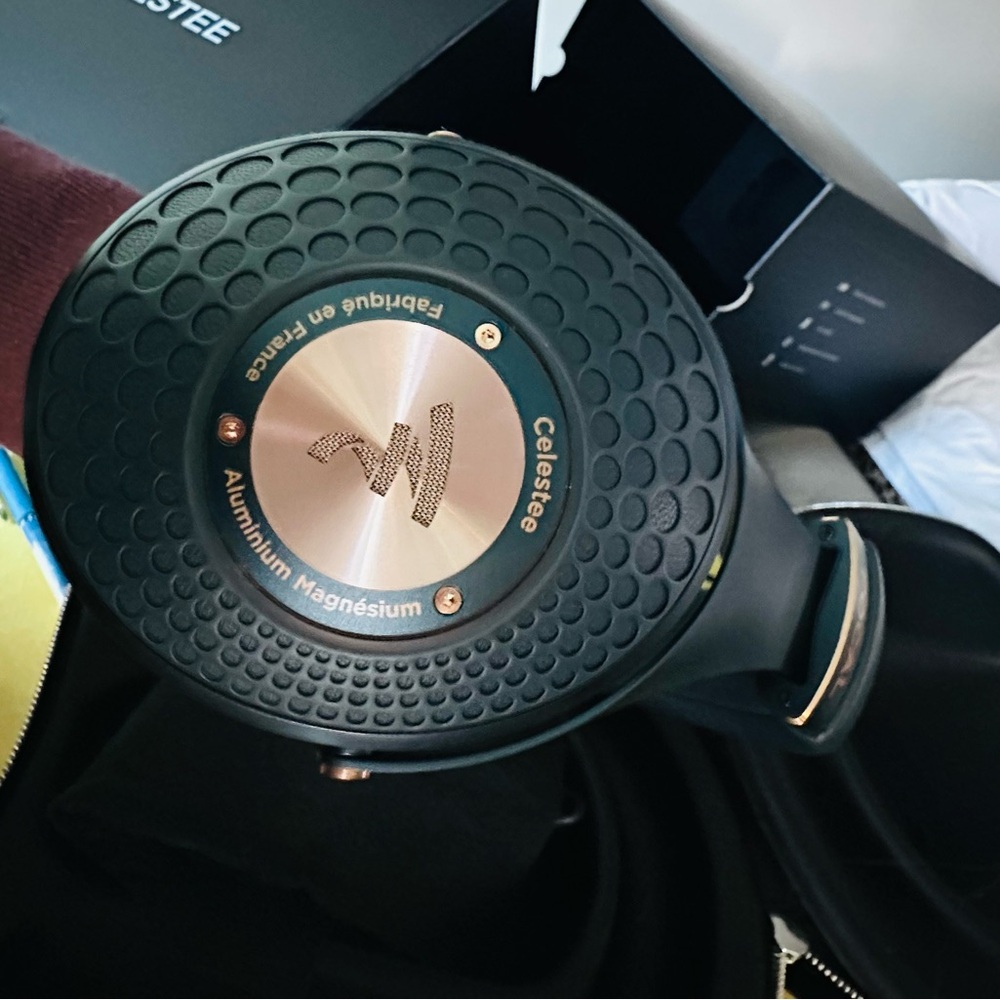 Rand new in box Celestee headphones aluminum magnesium navy with gold